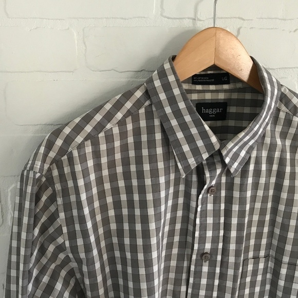 Haggar Button Down Shirt Gray/White Gingham Cotton blend Men/Unisex Sz L - Picture 4 of 6